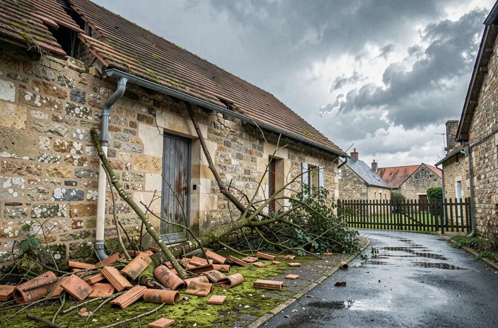 Maison de village française avec toiture endommagée après une tempête illustrant les risques climatiques croissants pour l'assurance habitation