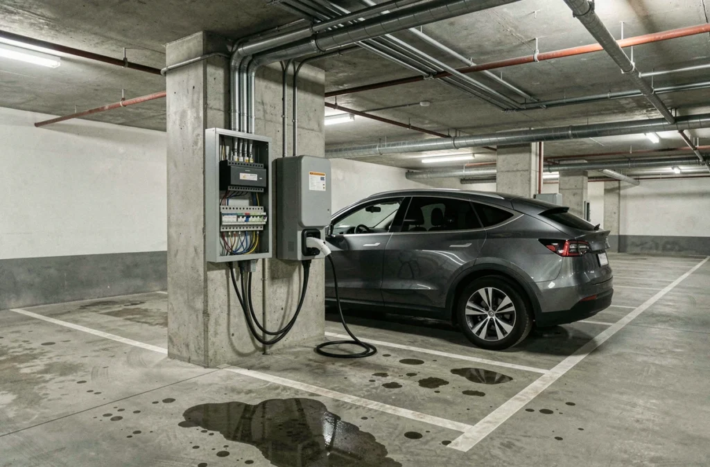 Parking souterrain avec bornes de recharge électriques et tableau électrique contenant un transformateur triphasé monophasé sur pilier en béton