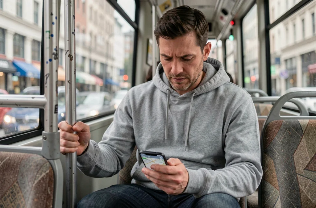 Passager consultant le plan du bus 92 sur son smartphone à l'intérieur du bus