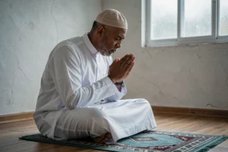 Homme en tenue blanche accomplissant la position de tashahhud sur un tapis de prière à l'aube, illustrant les rakats de la prière Fajr