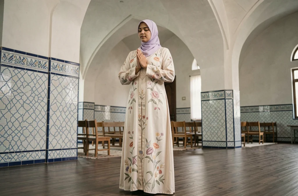 Femme voilée en position debout lors de la prière surérogatoire dans une mosquée, illustrant les différences entre prières obligatoires et sunnah