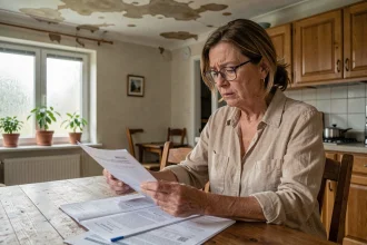 Femme propriétaire examinant des documents d'assurance habitation après des dégâts des eaux liés aux risques climatiques