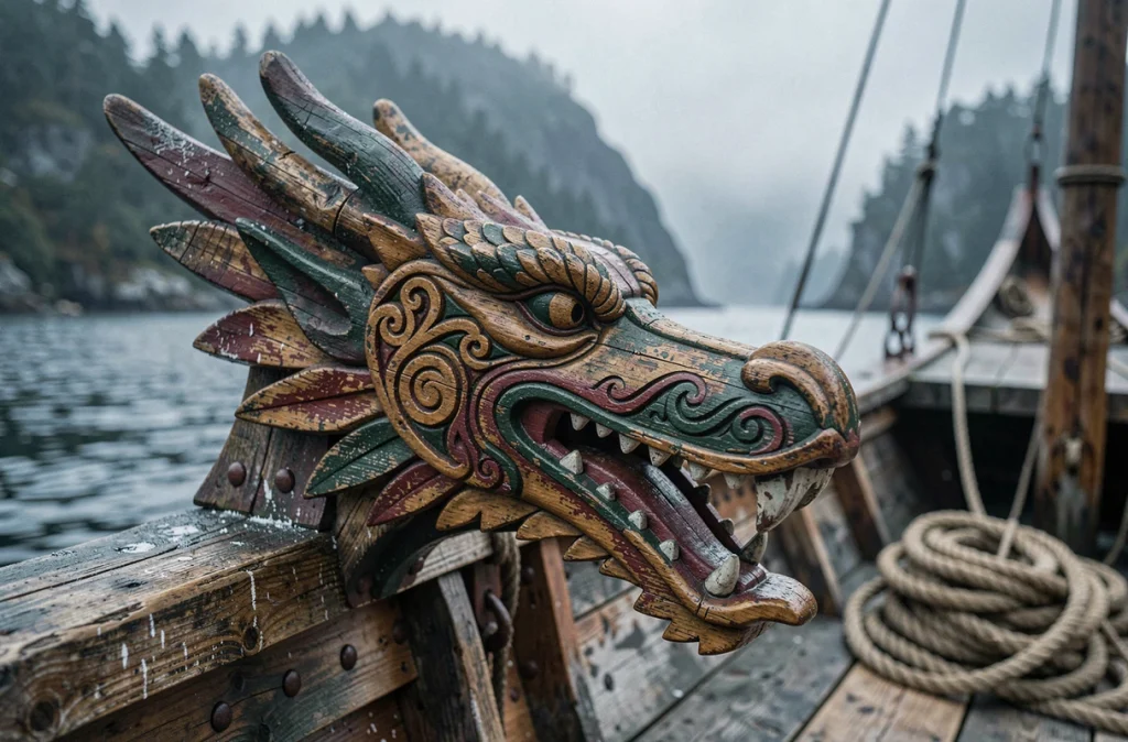 Gros plan sur une proue de dragon viking sculptée sur un drakkar amarré dans un fjord brumeux, symbole de la fascination durable pour l'art et la mythologie nordiques