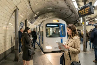 Voyageuse sur le quai de la ligne 4 du métro parisien attendant l'arrivée du train
