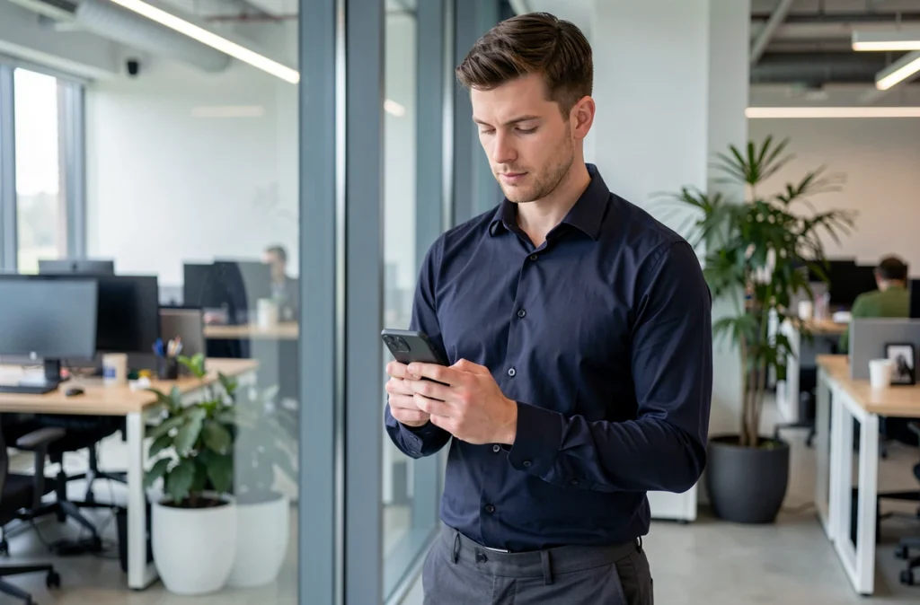 Homme en entreprise analysant les règles de confidentialité des stories Instagram sur son téléphone, thème de la vie privée numérique
