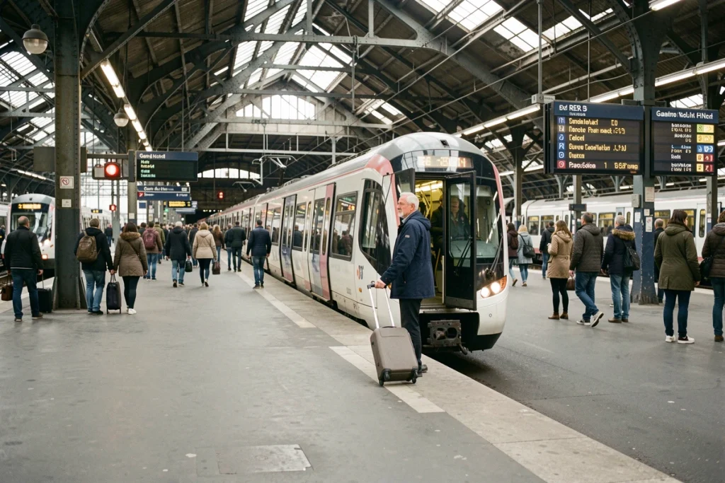 Voyageur avec bagage montant dans le RER B à la Gare du Nord à Paris