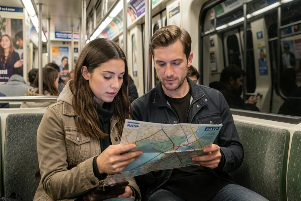 Deux voyageurs consultant une carte du métro parisien sur smartphone dans la ligne 4