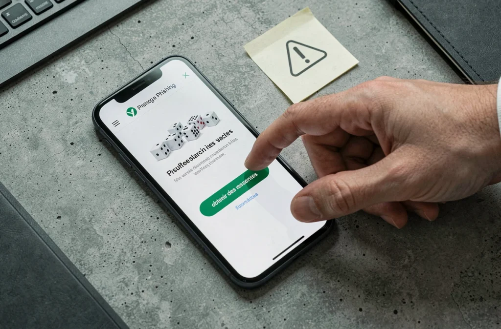 Vue en plongée d'un smartphone affichant un faux site de triche Monopoly GO avec avertissement manuscrit