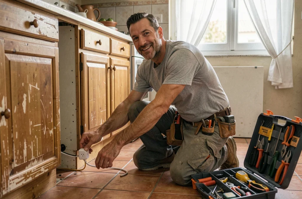 Artisan électricien Achouri Aissa installant une prise électrique dans une cuisine d'un appartement marseillais