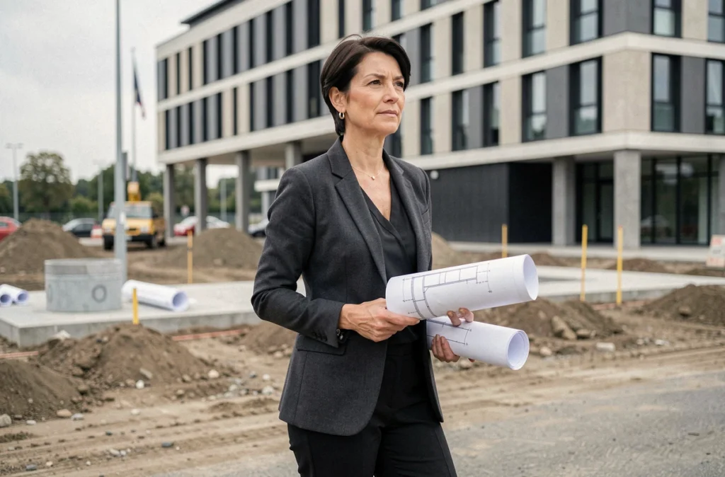 Avocate du cabinet Antigone Avocats spécialisée en droit de l'urbanisme à Nantes, debout devant un chantier architectural avec des plans sous le bras
