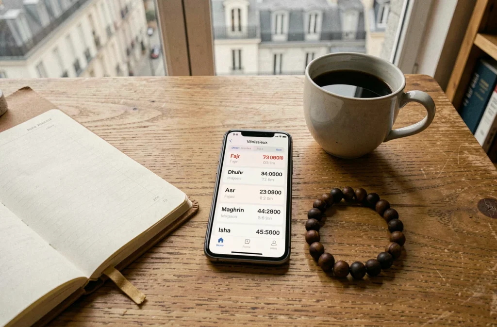 Application de calendrier des horaires de prière 2026 affichant les heures de salat pour Vénissieux sur un smartphone