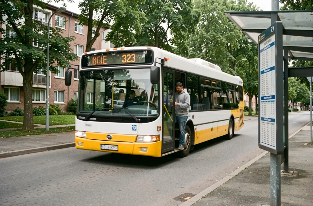 Bus de la ligne 323 à un arrêt de banlieue avec un passager montant à bord