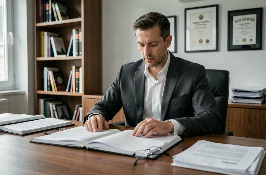 Avocat pluridisciplinaire du cabinet ALTG19 assis à son bureau à Nantes, consultant des dossiers juridiques avec une expression concentrée