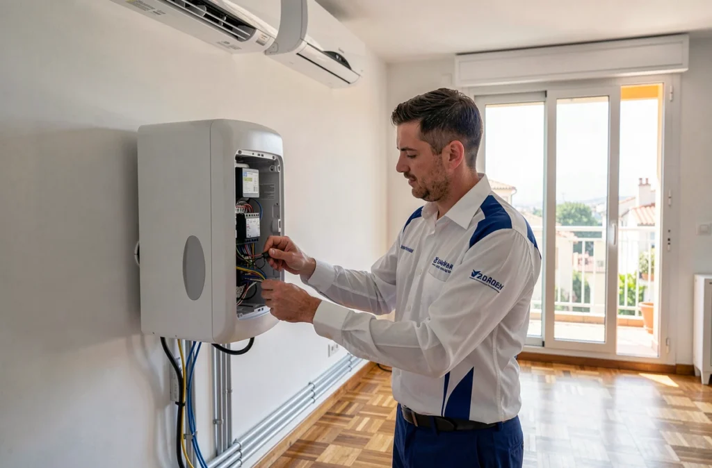 Technicien Calorie Confort raccordant une pompe à chaleur et une climatisation dans un appartement de Marseille