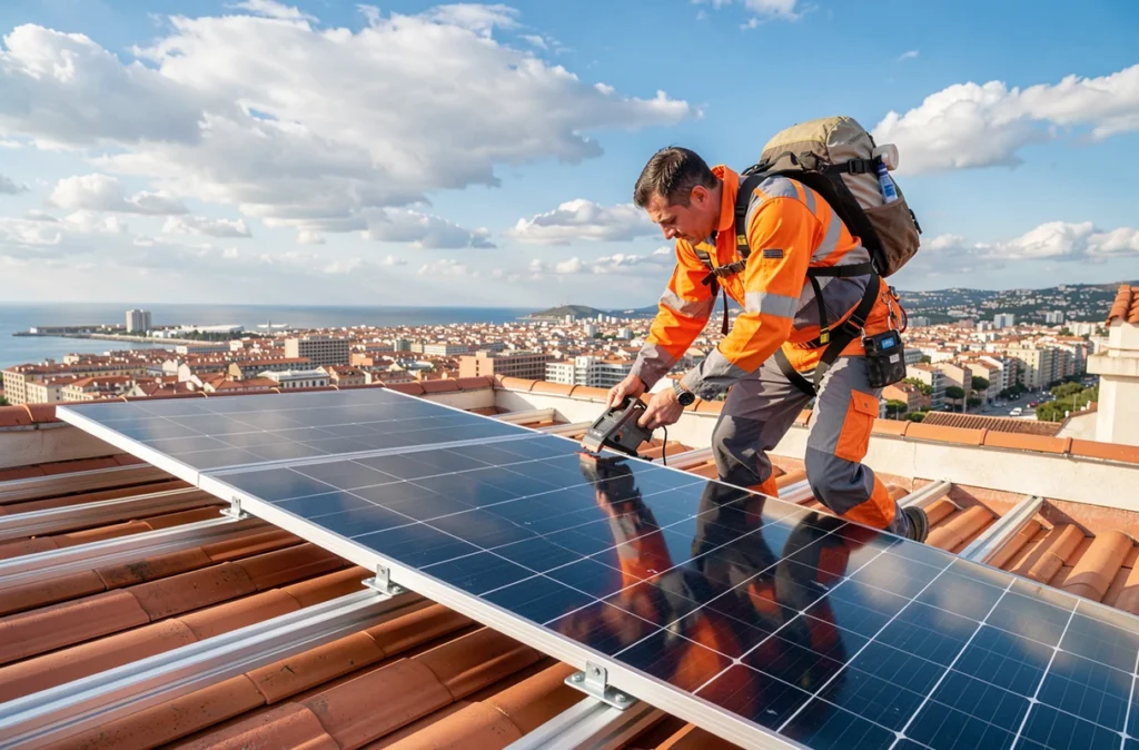 Technicien EGSL installant des panneaux photovoltaïques sur un toit à Marseille avec vue sur la ville