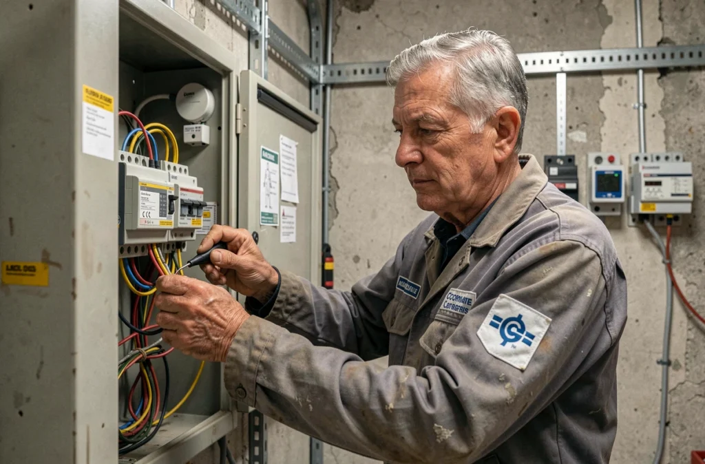 Électricien expérimenté d'Electrotech câblant un tableau électrique professionnel à Marseille, entreprise fondée en 1984