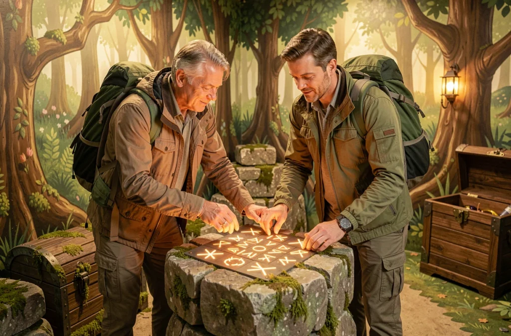 Deux joueurs explorant un décor de forêt enchantée dans Les Contes de Galadrun à Saint-Genès-Champanelle