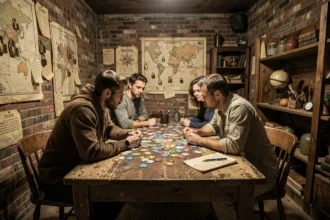 Groupe de joueurs concentrés autour d'énigmes dans une salle d'escape game décorée de cartes et cadenas mystérieux