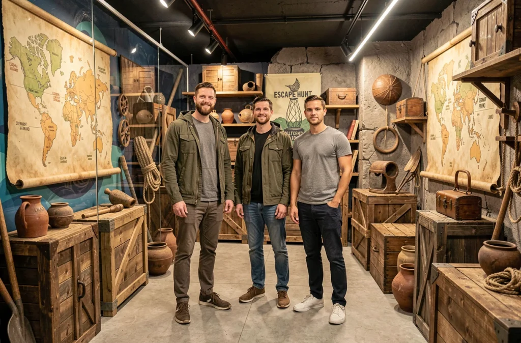 Groupe de joueurs dans un décor d'aventure élaboré chez Escape Hunt à Clermont-Ferrand