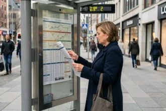 Femme consultant le plan d'arrêts de la ligne de bus 323 à un abribus urbain moderne