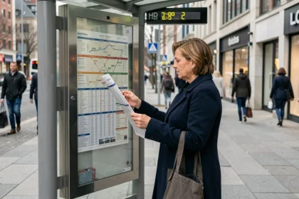 Femme consultant le plan d'arrêts de la ligne de bus 323 à un abribus urbain moderne