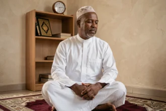 Homme en djellaba blanche faisant sa prière sur un tapis de prière à Vénissieux