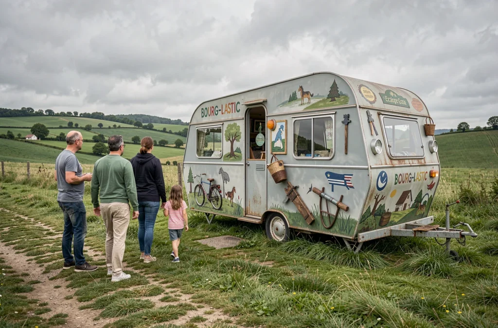 Groupe de joueurs devant la caravane mobile de La Caravelle Escape Games dans la campagne près de Bourg-Lastic
