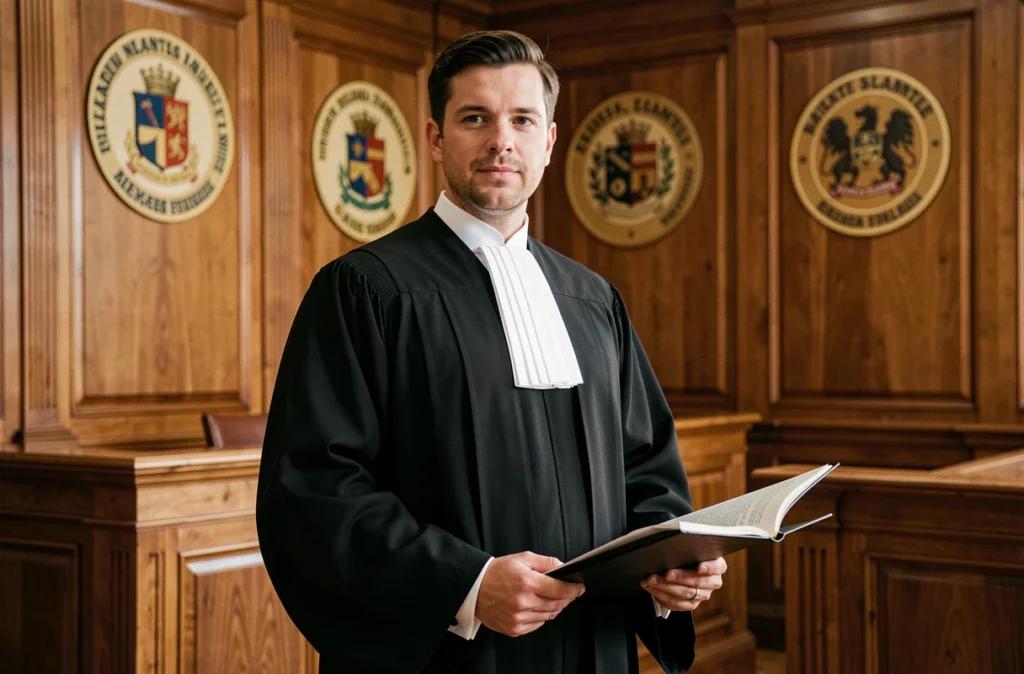 Maître Adrien Vaginay, avocat au barreau de Nantes, en robe noire traditionnelle dans une salle d'audience avec boiseries et symboles judiciaires