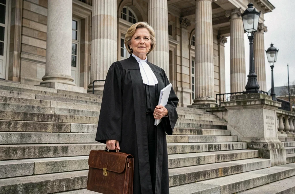 Maître Blandine Hericher Mazel, avocate au barreau du Mans, en robe d'avocat sur les marches du Palais de Justice du Mans avec ses colonnes classiques