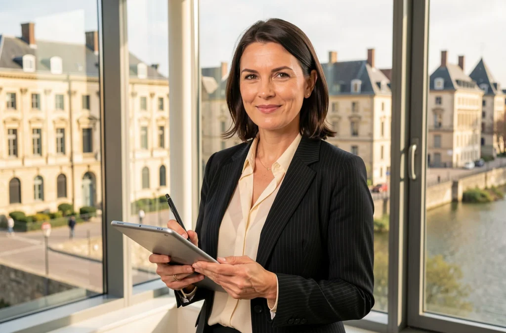 Maître Julie Caverne, avocate au barreau d'Angers, dans un bureau moderne avec vue sur les bâtiments en pierre et la Maine