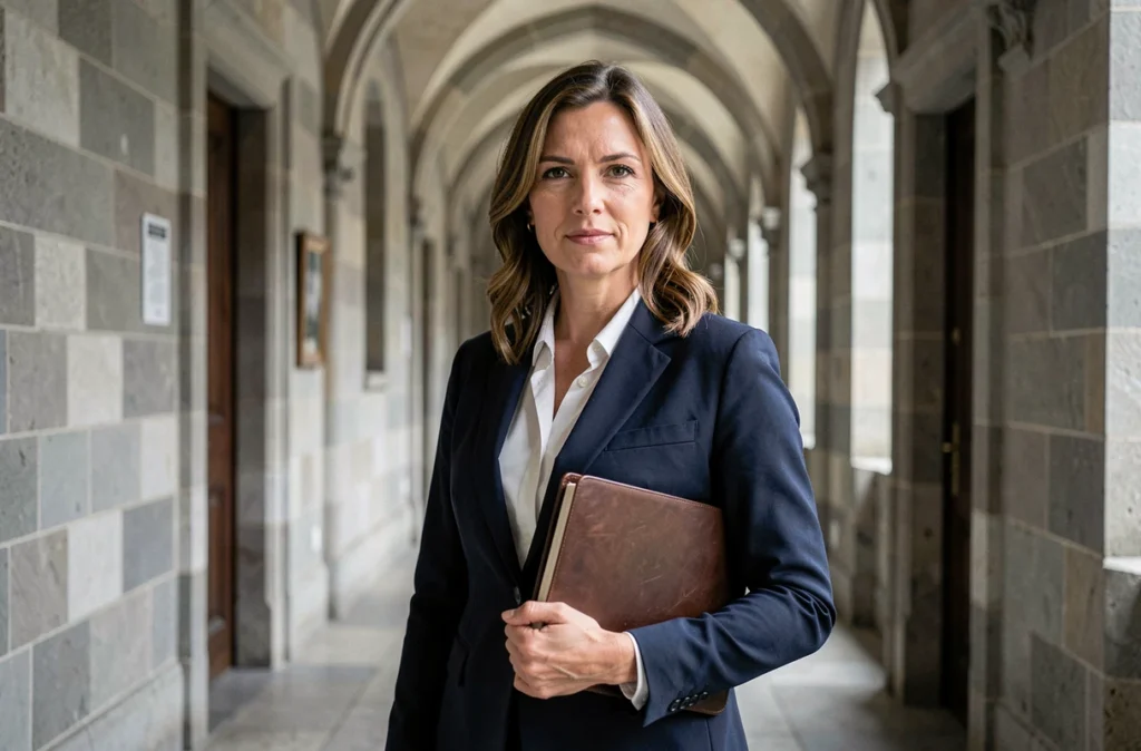 Maître Stéphanie Rodrigues Devesas, avocate en droit pénal et immigration à Nantes, debout dans un couloir de palais de justice avec un portfolio en cuir