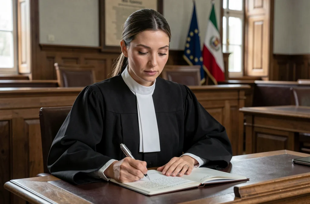 Maître Typhaine Destree, avocate au barreau de Nantes, en robe d'audience consultant ses notes dans une salle de tribunal