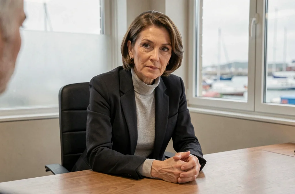 Maître Yasmina Bouriachi, avocate au barreau de Saint-Nazaire, en consultation avec un client dans son cabinet avec vue partielle sur le port