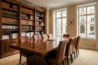 Vue panoramique d'un cabinet d'avocats dans les Pays de la Loire, avec une table de conférence en bois, des bibliothèques juridiques et des fenêtres donnant sur Nantes