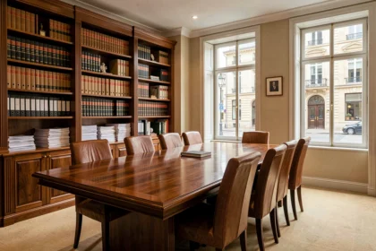 Vue panoramique d'un cabinet d'avocats dans les Pays de la Loire, avec une table de conférence en bois, des bibliothèques juridiques et des fenêtres donnant sur Nantes