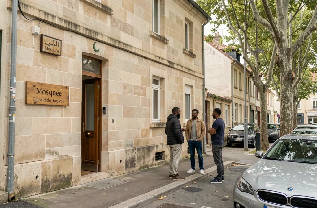 Façade d'une mosquée de quartier à Vénissieux avec des fidèles devant l'entrée