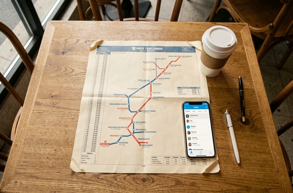 Plan détaillé des arrêts et horaires imprimés de la ligne 323 posés sur une table de café
