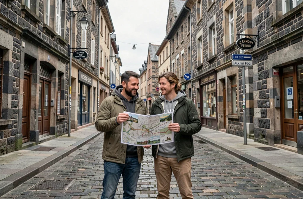 Deux joueurs tenant un carnet de mission dans les rues pavées de Clermont-Ferrand lors d'une Urban Quest