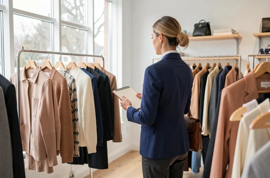 Acheteuse examinant des vêtements sur un portant en showroom