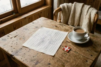 Mots croisés sur un canton suisse en 3 lettres posés sur une table en bois dans un chalet alpin avec un drapeau suisse miniature