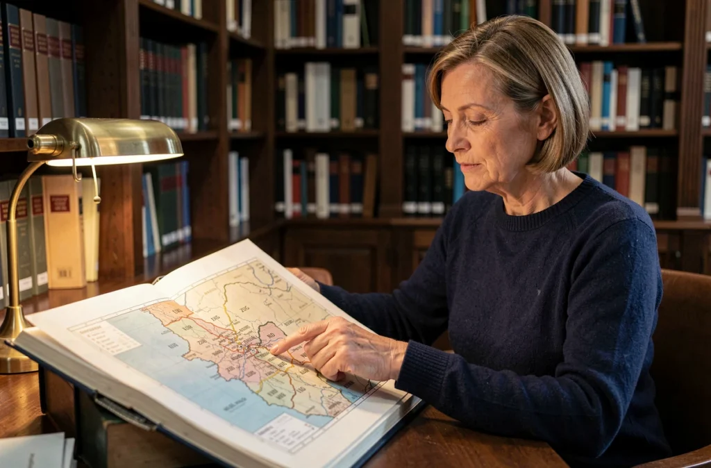 Femme consultant un atlas de la Suisse en bibliothèque avec les abréviations de cantons suisses en 3 lettres visibles sur la carte