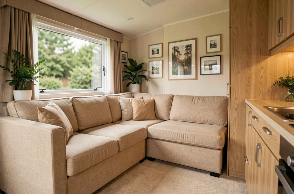 Intérieur confortable d'un mobil-home de marque avec salon canapé beige et cuisine intégrée en bois clair