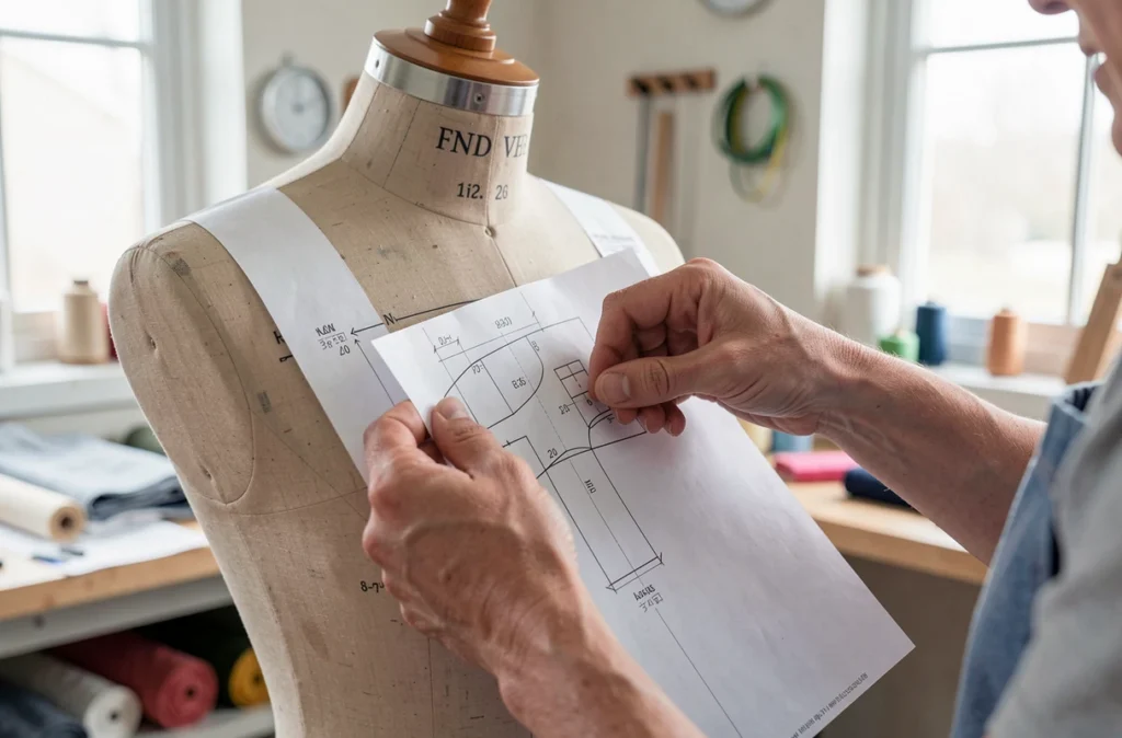 Modéliste ajustant un patron sur un mannequin de couture