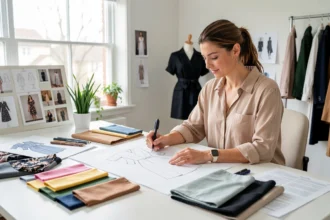 Styliste dessinant une collection parmi des échantillons de tissus
